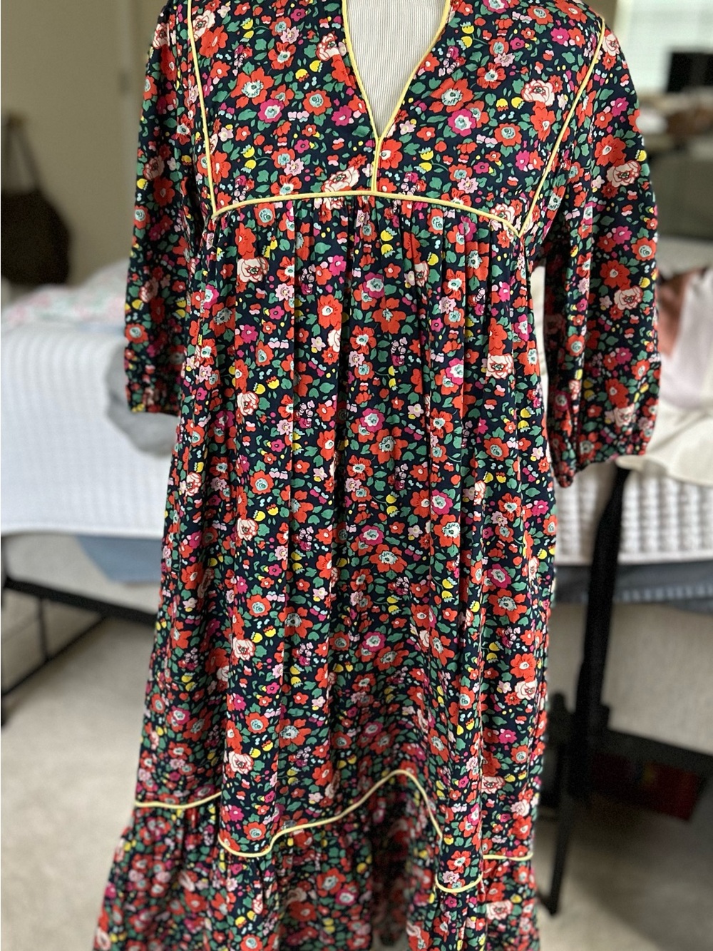 Black Floral Midi Dress with Pink & Red Blooms